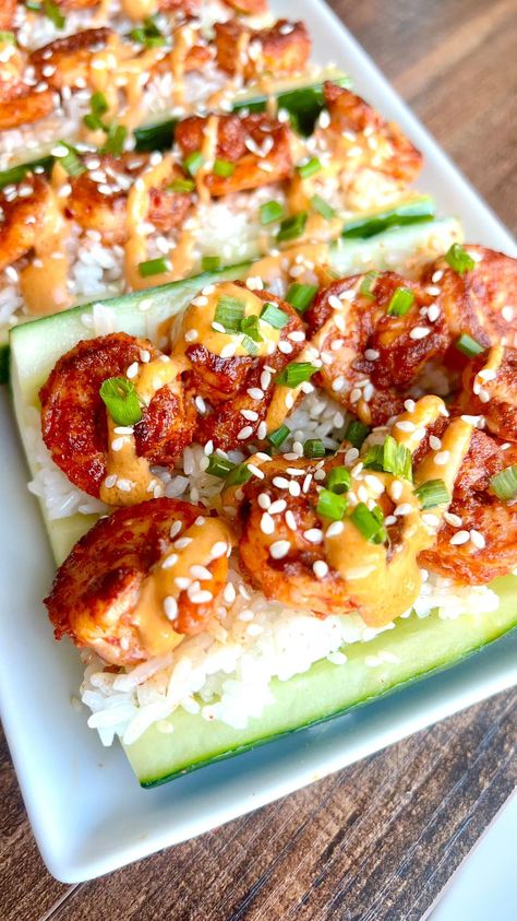 spicy sesame shrimp cucumber rice boats! ✨🌶️ a perfectly balanced dinner idea that’s fast, fresh, fun (we love these adjectives) and feels … | Instagram Cucumber Boats, Cucumber Shrimp Boats, Shrimp Cucumber Boats, Salmon Cucumber Rice Bowl, Cucumber Boats Stuffed Cucumbers, Cucumber Rice Shrimp Boats, Cucumber Sushi Boats, Sesame Shrimp, Shrimp Boat