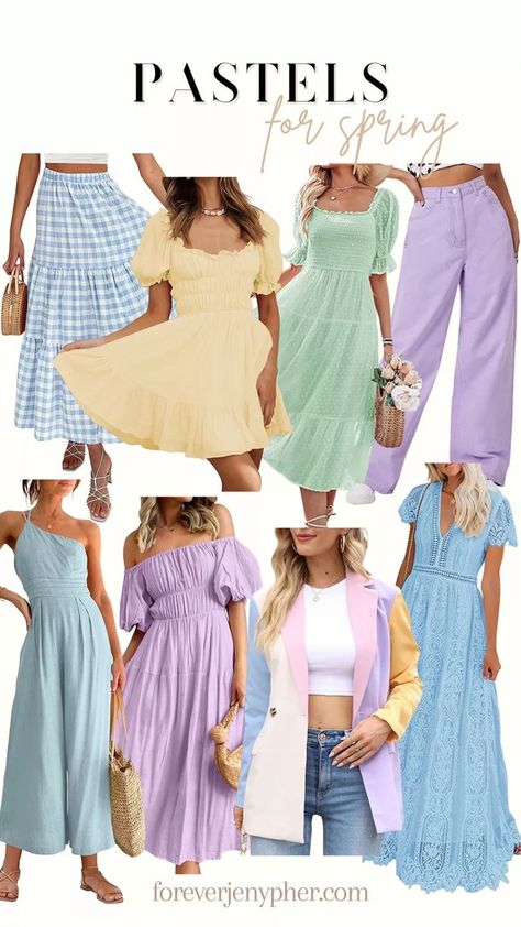 Pastels for spring! Gingham skirt, midi skirt, modest outfit, modest dress, maxi dress, full coverage dress, blazer. Wide leg pants, jumpsuit, mini dress, spring dress #LTKfit#LTKstyletip#LTKSeasonal Pastel Dress Casual, Blazer Wide Leg Pants, Dresses Outfit Ideas, Mini Dress Spring, Pastel Outfits, Spring Gingham, Outfit Modest, Outfit Ideas Spring, Dress Blazer