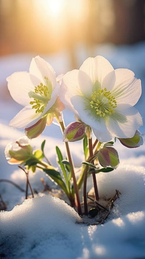 A couple of white flowers that are in the snow, beautiful winter hellebores. stock photography Winter Flowers Aesthetic, Winter Nature Aesthetic, February Photography, Flowers In Snow, January Flowers, Hellebore Flowers, Winter Botanicals, Winter Flowers Garden, Hellebore Flower