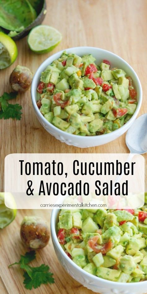 Tomato, Cucumber & Avocado Salad made with ripe avocado, garden fresh tomatoes and cucumbers. #salad #avocado #tomatoes #glutenfree  #dairyfree #whole30 Avacoda Salad Recipes, How To Keep Avacoda Fresh, Avocado Lunch Ideas, Avocado Garden, Tomato Cucumber Avocado Salad, Cucumber And Avocado Salad, Cucumbers Salad, Tomatoes And Cucumbers, Cucumber Avocado Salad