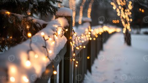 Snow-Covered Fence Decorated with Twinkling Christmas Lights Twinkling Christmas Lights, Tree Saw, Wedding People, Heart Tree, Cityscape Photos, Logo Banners, Nature Backgrounds, Heart With Arrow, Flower Heart