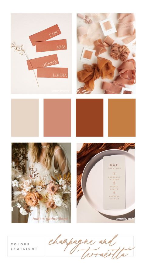 Champagne And Terracotta Wedding, February Wedding Colors, Champagne Wedding Themes, Wedding Theme Color Schemes, Champagne Wedding Colors, Rusting Wedding, Wedding Color Pallet, Autumnal Wedding, Wedding Motifs