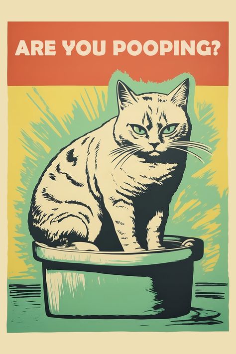 Upgrade your bathroom decor with our humorous retro poster! Featuring an irate cat asking, 'Are you pooping?' This amusing artwork adds a playful vibe to your restroom. 😸😄 #BathroomHumor #RetroPoster #green #yellow #unframed #office #vertical #cloakroomwallart #funnyanimalposter #funnybathroomsign #funnycatprint Toilet Prints, Bathroom Posters Funny, Colorful Bathroom, Prints Colorful, Retro Style Posters, Toilet Humor, Bathroom Posters, Funny Bathroom Signs, Cat Wall Art