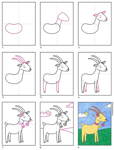 Goat Step By Step Drawing, How To Draw A Goat, Draw A Goat, Goat Drawing, Super Easy Drawings, Goat Art, Cute Goats, A Goat, Baby Drawing