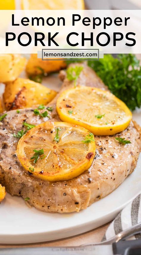 These delicious Lemon Pepper Pork Chops are a perfect weeknight meal to whip up in no time. A simple lemon pepper marinade that adds lots of flavor and juiciness to this tender pork. It will be an easy family favorite dish everyone will love! Lemon Pork Chop Recipes, Lemon Pepper Pork Chops, Pepper Pork Chops, Lemon Pepper Marinade, Pepper Pork, Pork Chop Marinade, Best Pork Recipe, Pork Marinade, Juicy Pork Chops