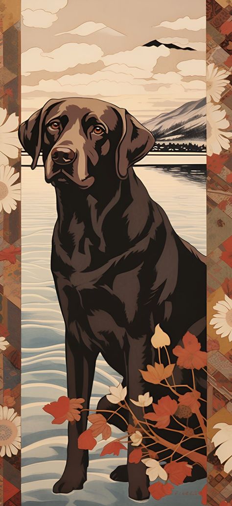 Aesthetic Wallpaper iPhone and aesthetic wallpaper Android, generative art featuring a Brown Labrador in Ukiyo-E style near the calm waters. Brown Labrador, Labs Art, Pikachu Wallpaper, Water Aesthetic, Aesthetic Wallpaper Iphone, Calm Waters, Wallpaper Android, Chocolate Labrador, Ukiyo E