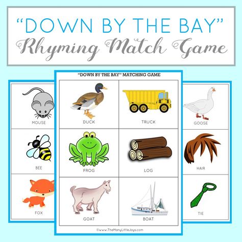 Teaching kids to rhyme: rhyming match game (free printable) - The Many Little Joys Down By The Bay Activities, Zoom Teaching, Rhyming Activities Preschool, Preschool Rhyming, Printable Matching Game, Music Therapy Activities, Rhyming Preschool, Down By The Bay, High Scope