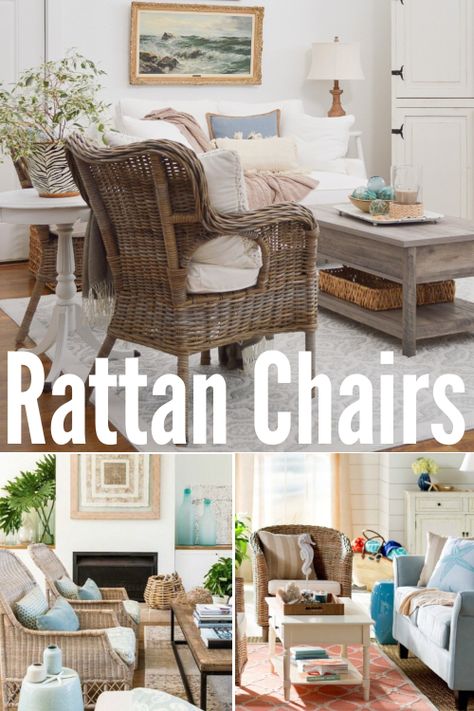 Get a natural woven rattan chair with a seaside vibe for your living room. Featured on Completely Coastal. Rattan accent chairs come in all kinds of styles. From rattan arm chairs, to wingback chairs to barrel chairs. Get inspired and shop the look! Wicker Chair In Living Room, Rattan Chair In Bedroom, Rattan Furniture In Office, Rattan Chairs In Living Room, Wicker Chairs In Living Room, Costal Living Room Accent Chairs, Decorating With Rattan, Living Room Wicker Chair, Wicker Accent Chair Living Room