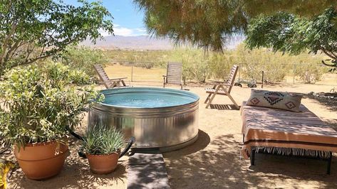 Cowboy Pools, Outdoor Clawfoot Tub, Desert Bungalow, Desert Homestead, Southwestern Farmhouse, Tree Homes, Desert Farmhouse, Cowboy Pool, Pool Makeover