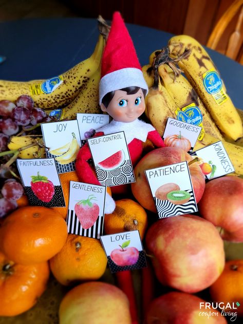 In a world of bad fruits, be a fruit of the spirit! This Christian based elf on the shelf idea comes with a free elf on the shelf printable. Download your fruit of the spirit art. Use with an Elf doll or use as fruit of the spirit Sunday school craft, bible study printable, and more. Fruits of the spirit love, joy, peace, patience, kindness, goodness, faithfulness, gentleness and self-control. New Elf ideas daily plus free Elf on a Shelf printables. #FrugalCouponLiving #elfontheshelf Fruits Of The Spirit Printable, Elf On The Shelf Printables, Printable Christmas Bingo Cards, Elf Printables, Christian Ideas, Christmas Bingo Cards, Elf Ideas Easy, Christmas Bible Verses, Fruits Of The Spirit