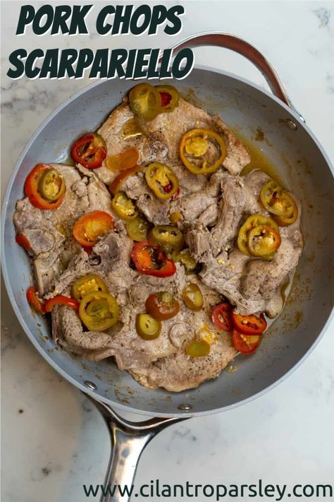 This Pork Chops Scarpariello is a super easy recipe for the avid spice lover. The hot cherry peppers compliment the pork chops in the best way, with a mix of hot and sweet cherry peppers. Sweet Cherry Peppers, Pork Chop Seasoning, Cherry Peppers, Cilantro Parsley, Bbq Pork Chops, Dinner Recipes Healthy Family, Breaded Pork Chops, Family Dinner Recipes, Super Easy Recipes