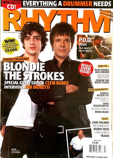 Fabrizio Moretti and Clem Burke- Rhythm Magazine- Christmas 2003 #fabmoretti #thestrokes #clemburke #blondie #rhythmmagazine #drummer #2003 #magazinecover Fab Moretti, Clem Burke, The Voidz, Blondie Debbie Harry, Bass Drums, Let Me Down, Old Music, The Strokes, Debbie Harry