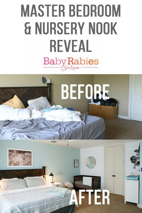 Master Bedroom with Nursery Nook | BabyRabies.com Bedroom With Nursery Shared, Corner Nursery In Bedroom, Nursery In Bedroom, Shared Nursery With Parents, Nursery In Parents Room Small Spaces, Cosleeping Bedroom, Shared Baby Rooms, Apartment Nursery, Baby Nook