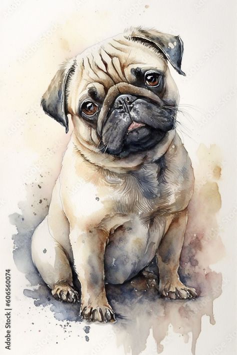 Pug Watercolor Paintings, Pug Illustration, Watercolor Portrait Painting, Dog Watercolor, Watercolor Portrait, Watercolor Dog, Pug Dog, Watercolor Portraits, Vector Graphics