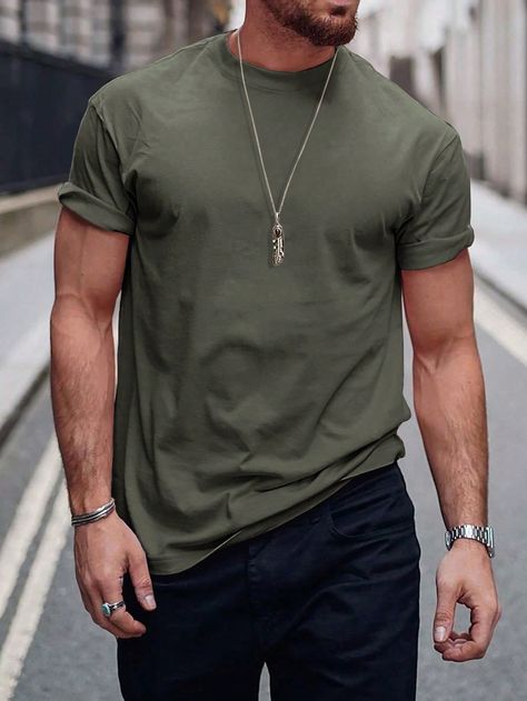 Men's Solid Color Round Neck Short Sleeve Casual T-Shirt Army Green Casual  Short Sleeve Knitted Fabric Plain  Slight Stretch Summer Men Clothing, size features are:Bust: ,Length: ,Sleeve Length: Olive Green Tshirt Outfit Men, Mens Tshirt Outfit Casual, Collar Tshirt Outfit, Chris Aesthetic, Green Tshirt Outfit, Tshirt Outfit Men, Casual Tshirt Outfit, Tshirt Outfit, Mens Tshirts Fashion