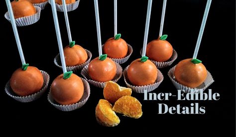 Orange white chocolate dipped cake pops with tiny orange leaves Cutie Orange Cake Pops, Orange Cake Pops Ideas, Cutie Cake Pops, Orange Cake Pops, Little Cutie Cake Pops, Vegan Baby Shower, Orange Baking, Citrus Baby, Orange Birthday