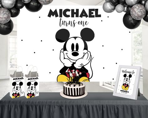 Black And White Mickey Mouse Party, Mickey Mouse Backdrop, Black And White Mickey Mouse, Mickey Birthday, Mickey Mouse Party, Some Text, Birthday Backdrop, White Party, Types Of Printer