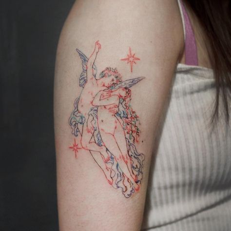 Eros And Psyche Tattoo, Psyche Tattoo, Eros Tattoo, Science Tattoos, Hp Tattoo, Eros And Psyche, Literary Tattoos, Classic Tattoo, Arrow Tattoos