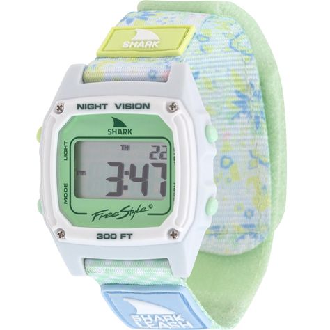 Introducing the Boho Lime Shark Watch from our Hippie Chic collection – a groovy tribute to 60s bikini patterns. Embrace retro vibes with lime and light blue hues, secured by a stylish Leash closure inspired by vintage surf tethers. Water-resistant up to 100 meters, this watch is packed with essential digital features for endless summer days. Whether tracking time, setting alarms, or lighting up your beach bashes, this blast from the past is backed by a limited lifetime warranty. Dive into waves Cute Digital Watch, Summer Watches, Shark Watch, Surf Watch, Freestyle Watch, Vintage Surf, Summer Bracelets, Birthday Wishlist, Hippie Chic