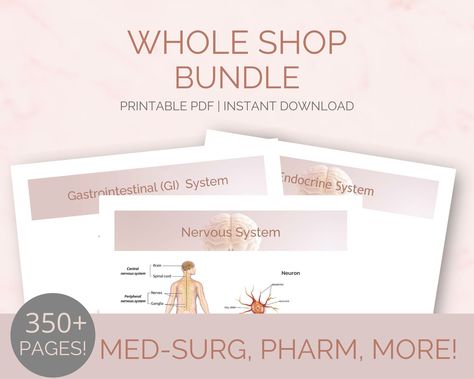 Get the Whole Shop! Excited to share the latest addition to my #etsy shop: WHOLE SHOP Bundle | Nursing Notes | Study Guides | Med Surg Bundle | EKG Bundle | Cardio, Respiratory Meds | All Templates | and Much More! https://etsy.me/3la3pfB #pink #white #wholeshopbundle Nursing School Notes Study Guides, Bliss Products, Ekg Interpretation, Brain Neurons, Peripheral Nervous System, Lab Values, Pharmacology Nursing, Notes Study, Nursing School Notes