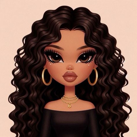 Bratz Dolls Aesthetic Curly Hair, Bratz Doll With Curly Hair, Bratz Doll Short Hair, Bratz Curly Hair, Brown Hair Cartoon, Curly Hair Cartoon, Black Bratz Doll, Brat Doll, Bratz Girls