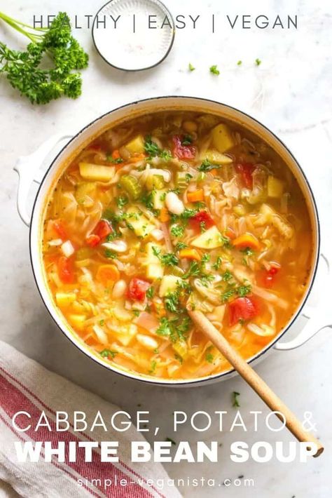 Cabbage Soup With White Beans, Rustic Cabbage Potato And White Bean Soup, Vegan Cabbage Potato Soup, Navy Bean And Cabbage Soup, Wfpb Cabbage Recipes, Cabbage And Bean Soup Recipe, Leek And Cabbage Soup, Cabbage White Bean Soup, Cabbage And White Bean Soup