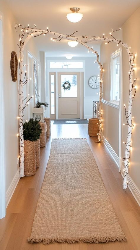 Cute Hallway Decor Ideas, Hallway Decoration Ideas, Cute Hallway, Neutral Hallway, Hallway Decor Ideas, Christmas Hallway, Hallway Decoration, Blue Baubles, White Staircase