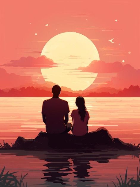 Photo un couple s'assoit sur un rocher e... | Premium Photo #Freepik #photo #illustration-couple #silhouette-amour #amour-romantique #silhouette-couple Illustration Couple, Art Amour, Image Couple, Couple Silhouette, Couple Painting, Art Couple, Photo Couple, Photo Illustration, Premium Photo