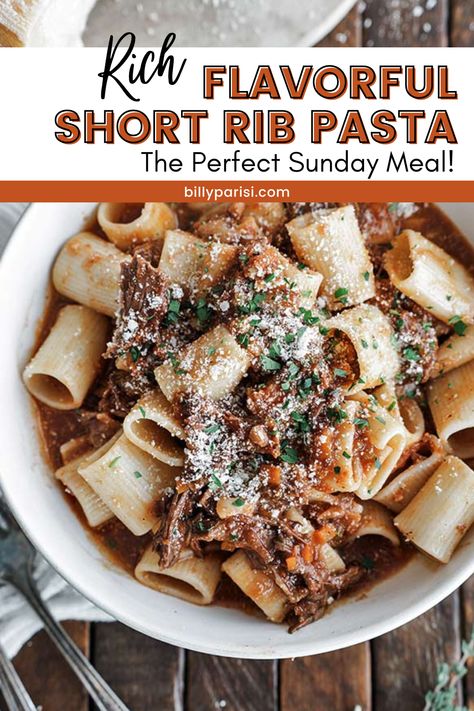 This rich flavorful short rib pasta is the perfect Sunday meal! This short-rib pasta is a delicious recipe for slow-cooked beef in tomatoes, wine, and herbs that is tossed in pasta. This is one of my all-time favorite sauces for friends and family. Perfect for a dinner with friends or a Sunday family dinner. Short Ribs And Pasta Recipe, Beef Short Rib Pasta, Short Rib Rigatoni, Short Rib Pasta Sauce, Short Rib Leftover Recipes, Short Rib Pasta Recipe, Braised Short Rib Pasta, Short Rib Pasta, Pasta With Beef