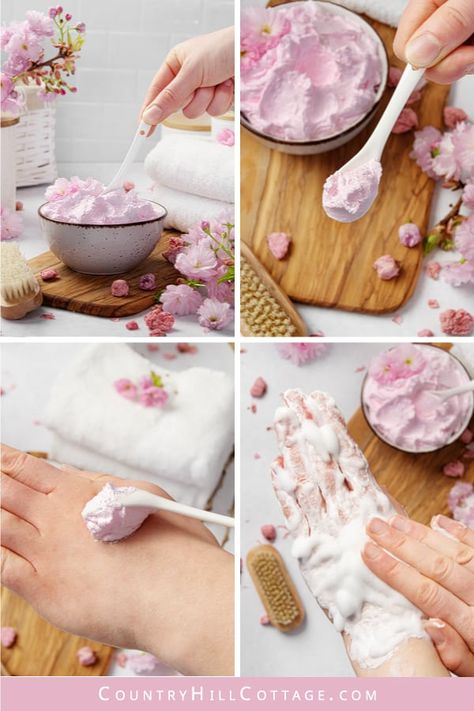 Whipped Soap Recipe, Cherry Blossom Soap, Soap Packaging Diy, Cold Process Soap Designs, Natural Soaps Recipes, Spring Skin, Diy Serum, Cherry Blossom Scent, Diy Cream