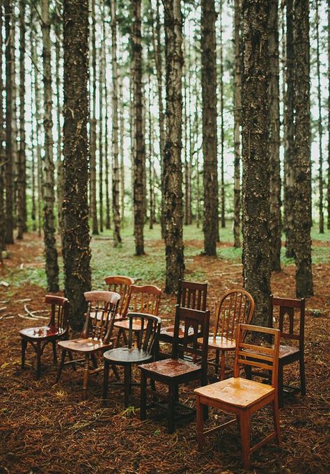 2017 // R U S T I C  O P U L E N C E Wood Forest, Chairs And Tables, Enchanted Forest Wedding, Rustic Outdoor Wedding, Forest Light, Woodsy Wedding, Wooden Chairs, Outdoor Wedding Decorations, Have Inspiration