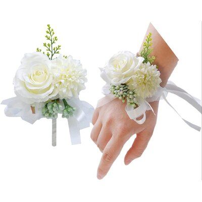 pretty wrist corsage, worn on the left hand, consistent with the wedding ring worn hands, features: fits all the people's wrists. Color: White | rayintelligent Flower Wrist Corsage Boutonniere in White, Size 4.0 H x 3.0 W x 3.0 D in | Wayfair Carnation Wrist Corsage, Wrist Corsage Wedding, Flower Wrist Corsage, Flowers Accessories, Corsage And Boutonniere Set, Prom Suit, Wrist Flowers, Silk Flowers Wedding, Groom Boutonniere