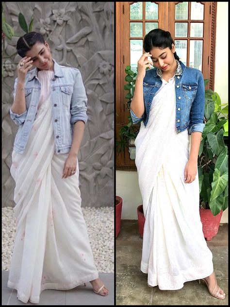 Saree With Shirt Style Blouse, White Shirt Indian Outfit, Shirt And Saree, Classy Indian Outfits, Winter Saree Look, Saree With Shirt, Mismatch Outfit Ideas, Winter Saree, Pakistani Dresses Party