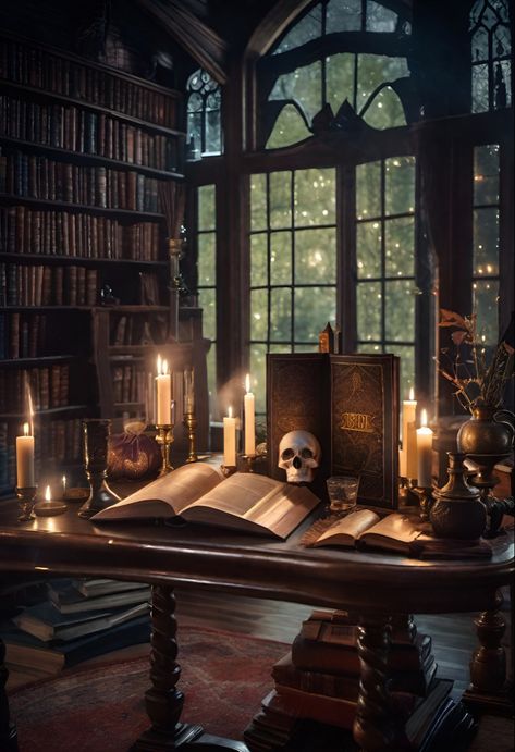 Witch Library, Castle Library, Spooky Castle, House Library, Spooky Aesthetic, Aesthetic Dark Academia, Dark Artwork, Halloween 4, Home Libraries