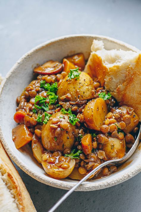 Hearty Potato Mushroom Lentil Stew Mushroom Lentil Stew, Lentil And Potato, Lentil Potato, Potato Mushroom, Become Healthier, Mushroom Broth, Vegan Worcestershire Sauce, Lentil Stew, Broth Recipes