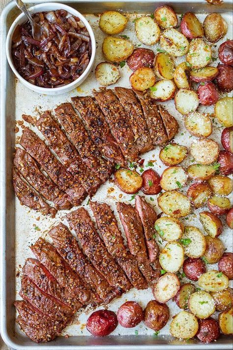 Sheet Pan Steak and Potatoes Sheet Pan Steak and Potatoes — An easy and delicious dinner ready in less than an hour. Perfectly seasoned, melt-in-your-mouth tender steak and potatoes are cooked in the oven on one sheet pan. Car… - Sheet Pan Steak and Potatoes — #eatwell101 #recipe #steak #dinner - Perfectly seasoned, melt-in-your-mouth tender steak and crisp cheesy potatoes — An easy dinner ready in less than an hour! - #recipe by #eatwell101 Sheet Pan Steak And Potatoes, Sheet Pan Steak, Seafood Meals, Pan Steak, Steak And Potatoes, Sheet Pan Suppers, Tender Steak, Sheet Pan Dinners Recipes, Sustainable Seafood