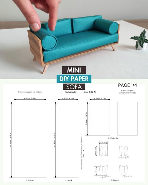 1/12 scale diy dollhouse sofa model made with printable paper templates. You can watch the video tutorial and download the free blank template to try out this mini model. Barbie Sofa Diy, Diy Dollhouse Sofa 1:12, Dollhouse Furniture Templates Free Printable, Miniature Sofa Tutorial, Free Printable Dollhouse, Dollhouse Furniture Plans, Tiny Sofa, Doll Furniture Tutorial, Dollhouse Furniture Tutorials