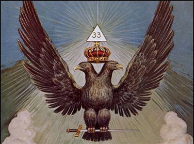 The double-headed eagle is one of the most ancient and prominent symbol of Freemasonry. A crowned double headed eagle is representative of the 33rd degree of Freemasonry, the highest degree attainable. With the symbol on the High Priest's throne, Kubrick secretly implies that the he's a 33rd Degree Freemason. Masonic Art, Double Headed Eagle, Masonic Lodge, Masonic Symbols, Esoteric Art, Occult Art, Magnum Opus, Sacred Geometry, Book Art