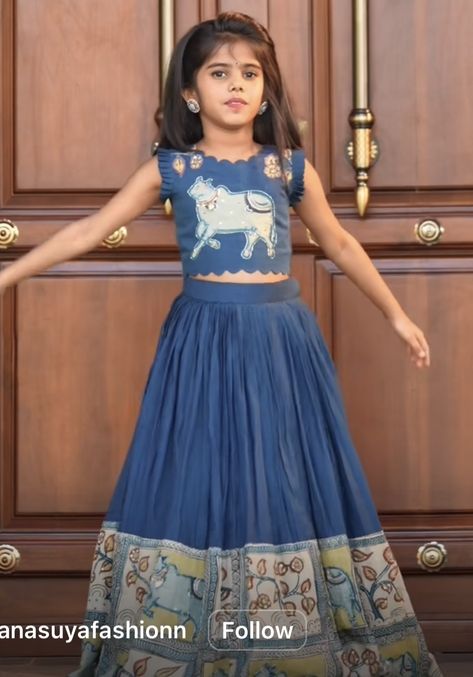 Butterfly Hands For Long Frocks, Kalamkari Lehenga For Kids, Pattupavada For Kids, Langa Designs, Long Frocks For Kids, Pattu Langa, Cotton Frocks For Kids, Kids Party Wear Dresses, Kids Dress Collection