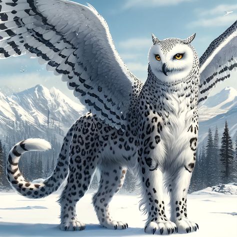 Mystical Flying Creatures, Snow Mythical Creature, Winter Fantasy Creatures, Snow Creatures Fantasy Art, Owl Griffin, Snow Leopard Pictures, Owl Dragon, Snowy Owl Art, Fantasy Owl