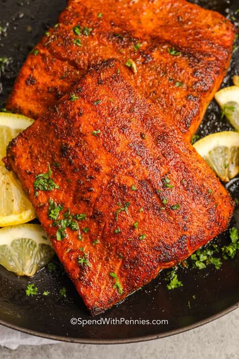 Seafood Collection - Page 3 of 6 - Spend With Pennies Blackened Salmon Recipes, Lemon Butter Salmon, Crockpot Chicken Thighs, Delicious Salmon Recipes, Salmon Marinade, Fish Salmon, Blackened Salmon, Blackened Seasoning, Garlic Salmon