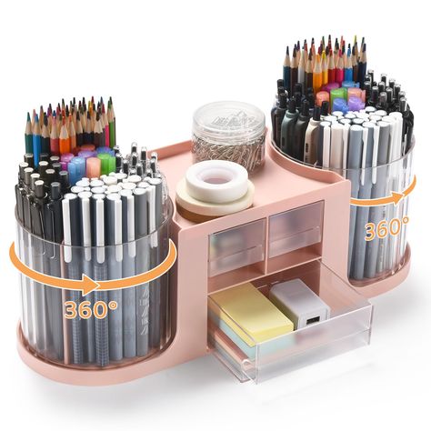 PRICES MAY VARY. 【2 Rotating Pencil Holder + 3 Drawer】Set of 10 compartments rotating pen organizer, 1 top tray, and 3 drawers, no assembly required. The 3 drawer organizer has enough storage to allow for office supplies organization, makes it easy to hold and sort pencils, pens, rulers, scissors, pencil knife, etc. Save your time searching for different pens. 【Multi-purpose Rotating Desk Organizer】Ideal desk storage for desk accessories. Good desk organizer with drawers for small desktop statio How To Organize Stationary, Teacher Supply Organization, Art Supply Organization Small Spaces, Stationary Organization Desk, Teacher Supplies Organization, Home Office Desk Organization, School Desk Organization, Drawer Art, Dorm List