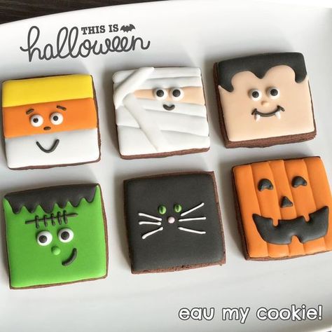 Halloween square cookies... Poppy Seed Cookies, Easy Halloween Cookies, Halloween Cookie Recipes, Cookies Halloween, Halloween Cookies Decorated, Halloween Sugar Cookies, Iced Sugar Cookies, Halloween Sweets, Halloween Cookie