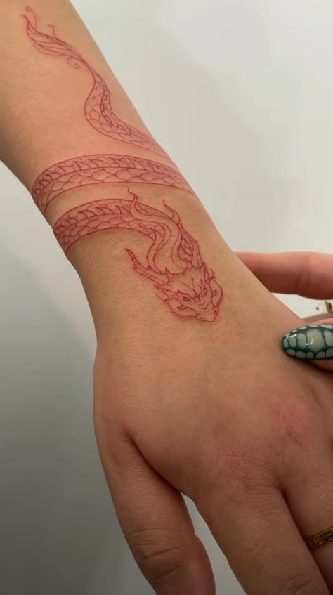 Red Ink Dragon Tattoo Arm, Dragon Tattoo In Arm, Forearm Tattoo Women Wrap Around, Dragon Tattoo Around Wrist, Tattoo That Wraps Around Arm, Red Ink Tattoos Dragon, Arm Tattoo Wrap Around, Wrap Dragon Tattoo, Dragon Ankle Tattoo Wrap Around