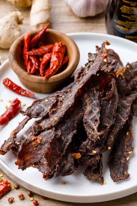 Sizchuan Beef Jerky for Spice-Lovers (Numbing and Spicy) - Healthy Substitute Spicy Beef Jerky Recipe, Homemade Beef Jerky Recipe, Jerky Recipe, Making Jerky, Beef Jerky Recipes, Jerky Recipes, Beef Strips, Healthy Substitutions, Popular Snacks