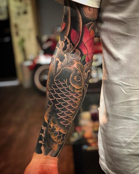 Fish Tattoo Forearm, Mm Tattoo, Koi Fish Tattoo Forearm, Koi Dragon Tattoo, Carp Tattoo, Black Koi Fish, Koi Tattoo Sleeve, Tattoos Sleeve, Tattoo Forearm