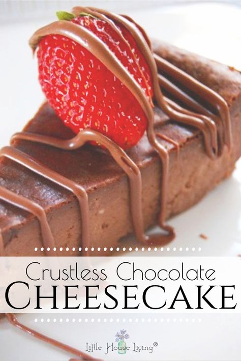 Looking for an easy to make but elegant dessert? I love this Chocolate Crustless Cheesecake recipe because it's perfect for when you need something gluten free or if you just love the filling of cheesecake! Crustless Cheesecake, Chocolate Cheesecake Recipe, Baked Recipes, Chocolate Cheesecake Recipes, Gluten Free Cheesecake, Elegant Desserts, Half Baked, Cheesecake Recipe, Chocolate Cheesecake