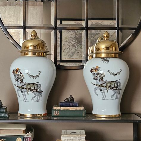 Pair Hermes Style Equestrian Porcelain Temple Jars, $350 including complimentary local delivery. https://www.shopsbh.com/products/pair-hermes-style-equestrian-porcelain-temple-jars-1 Hermes Style, Temple Jar, Equestrian, Temple, Porcelain