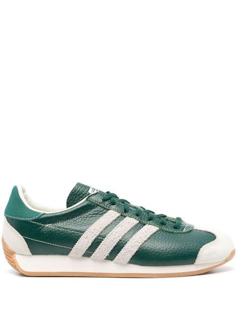 emerald green/milk white calf leather grained texture suede panels contrast stitching signature 3-Stripes logo logo-print tongue contrasting toecap round toe front lace-up fastening branded insole contrasting rubber sole Green Suede Adidas, Adidas Country Og, Suede Adidas, Green Milk, Adidas Country, Sneakers Green, Oversized Tote Bag, Iconic Bags, Prada Shoes