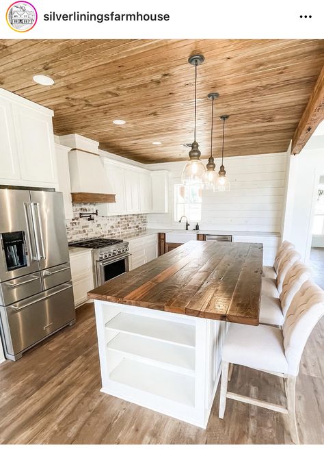 Wood Ceilings In Kitchen, Wood Ceiling Kitchen, Kitchen Ceiling Ideas, White Painted Cabinets, White Kitchen Rustic, White Kitchen Cupboards, Small Farmhouse Kitchen, Wood Plank Ceiling, Farmhouse Kitchen Inspiration